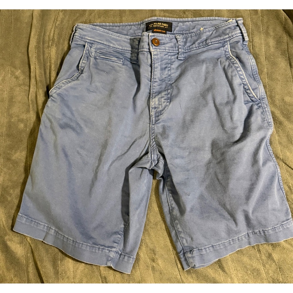 American Eagle Extreme Flex Chino Shorts Mens 30 Blue Flat Front Cotton Stretch